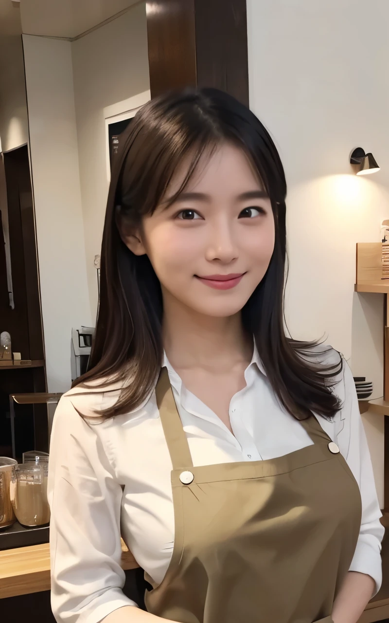 (highest quality、Tabletop、8k、Best image quality、Award-winning works)、Woman working in a café、(The perfect brown apron:1.1)、(The perfect brown apron:1.1)、(Wide々She stands elegantly in a drab cafe.:1.3)、(A classy shirt and apron:1.1)、(Big Breasts:1.1)、(Accentuate your body lines:1.1)、Beautiful woman portrait、The most elegant and cozy cafe、(short hair,) The most natural cafe, Perfectly organized、The most atmospheric and warm lighting、Stylish and elegant cafe、Strongly blurred background、Look at me and smile、(Accurate anatomy:1.2)、Ultra high resolution perfect beautiful teeth、Ultra-high definition beauty face、Ultra HD Hair、Ultra HD The Shining Eyes、The Shining, Super high quality beautiful skin、Super high quality glossy lip