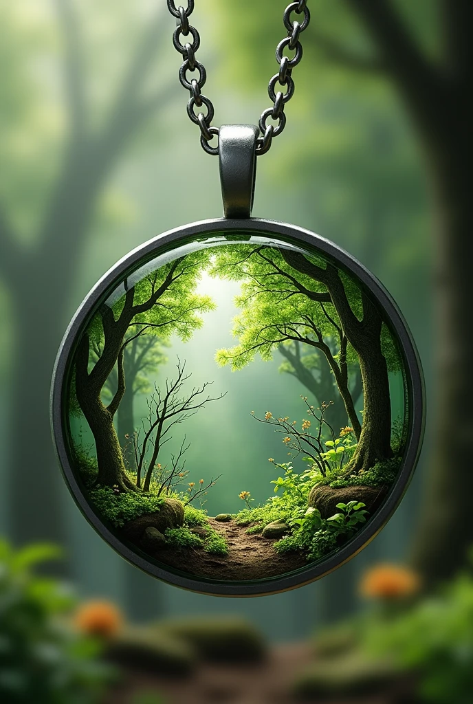 draw a necklace alone, of resin, circular, silver metal chain, crystalline, with a forest inside