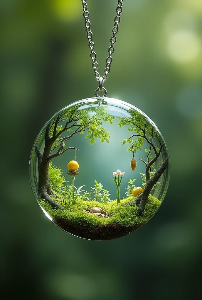 draw a necklace alone, of resin, circular, silver metal chain, crystalline, with a forest inside