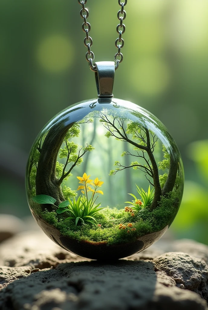 draw a necklace alone, of resin, circular, silver metal chain, crystalline, with a forest inside
