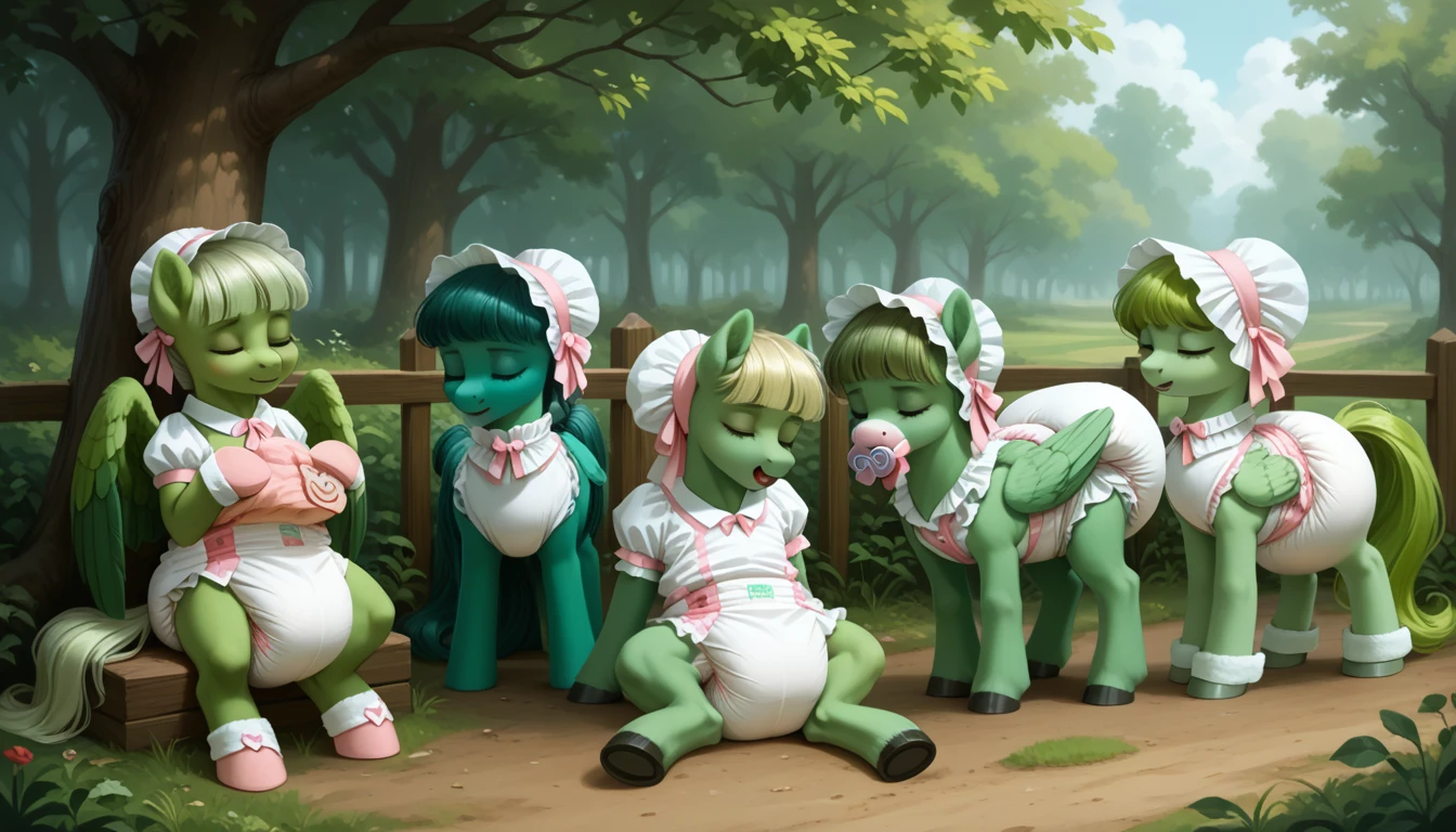 pony, Pegasus, emerald green fur, a lush mane, gathered into an adult size bonnet, bushy tail, adult mare, closed eyes, sleeps in an adult-sized crib, dressed in an adult size bodysuit and booties, pacifier in mouth, solo, thick diaper under clothes, bulge on the back of the diaper, between the hind hooves and on the front of the diaper, saggy diaper.