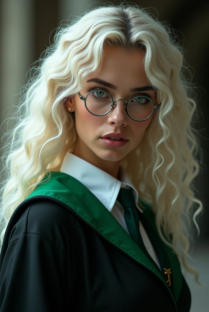 create an image of a white Brazilian woman with long curly platinum hair down to her back, thick filled eyebrows, with a beautiful and attractive face, seductive and well-marked, wearing glasses with transparent frames, beautiful, has kind and striking eyes of the grayish blue color that he is wearing the outfit/uniforme da sonserina em um lugar da escola de Howgarts de Harry Potter