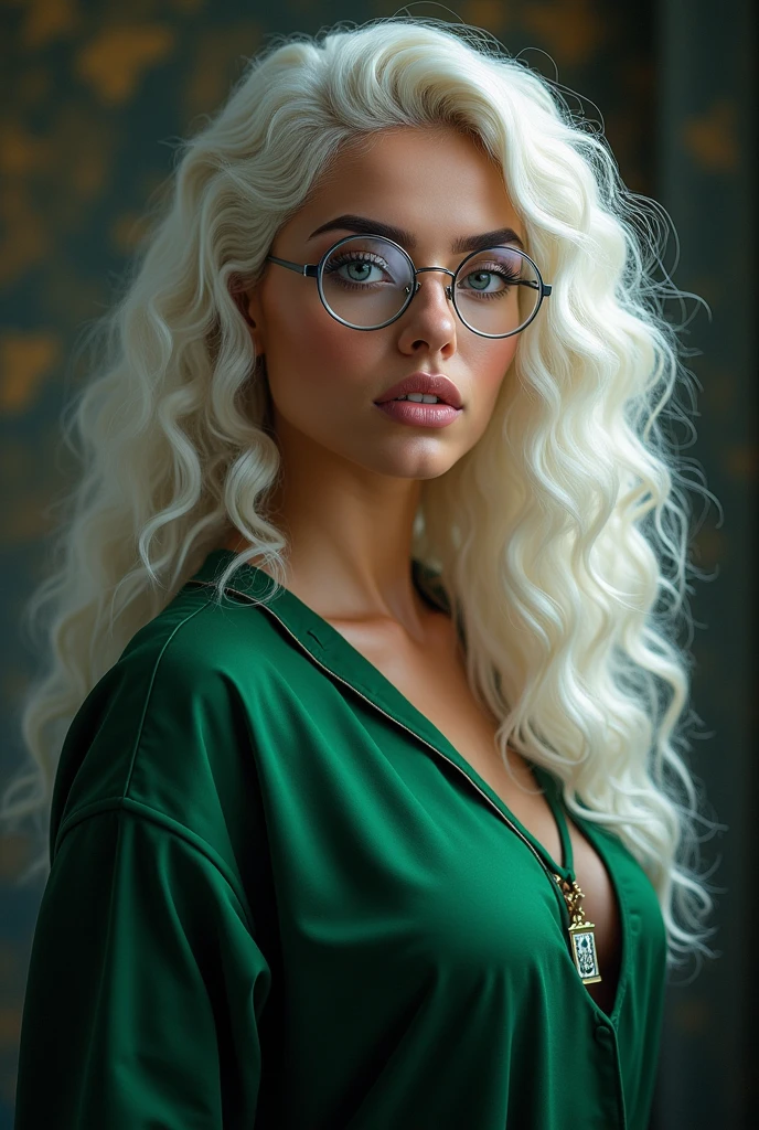 create an image of a white Brazilian woman with long curly platinum hair down to her back, thick filled eyebrows, with a beautiful and attractive face, seductive and well-marked, wearing glasses with transparent frames, beautiful, has kind and striking eyes of the grayish blue color that he is wearing the outfit/uniforme da sonserina em um lugar da escola de Howgarts de Harry Potter