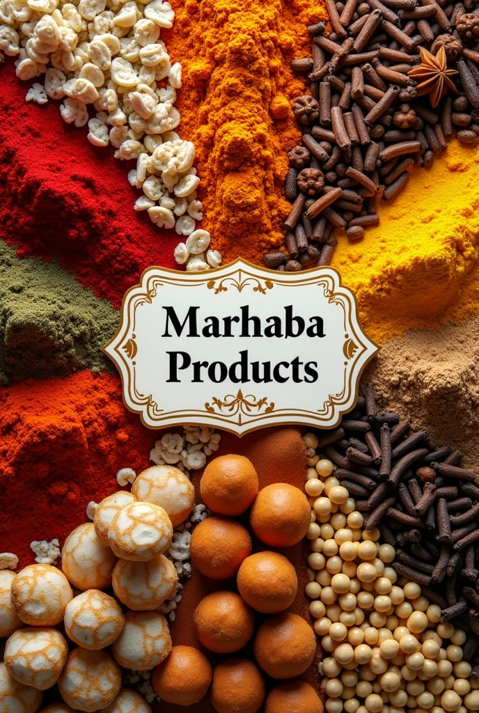 Traditional spices chilli powder, Turmeric, pepper, cloves , star anise,  fennel and Traditional indian sweets laddu , gulab jamun , barfi , cookies and in the middle a big name tag says marhaba products 