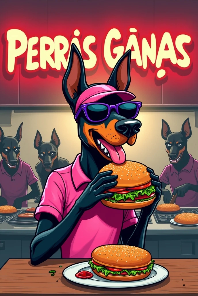 Create takeout bag for restaurant called perras ganas with cartoon drawing of female doberman dog wearing pink visor and sunglasses eating burger with kitchen background with angry pitbull dogs cooking