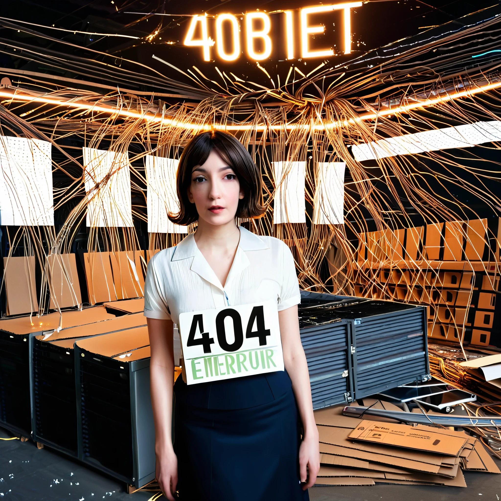 ((young beautiful woman, detailed worried face, very short bob hair, dark hair, dark brown eyes, pale skin, looking at viewer, hyper realistic, realistic, lifelike texture, collared white blouse, navy skirt, fills 1/6 of scene, full body view of woman)), (((She is holding up a cardboard sign that reads "404 Error" and "Site Under Maintenance" ))), A chaotic construction site with smoldering, melted GPUs scattered among tangled wires and broken server racks, illuminated by sparks and flickering emergency lights, oversized unpaid bills raining down from above, glitching reality with fragmented pixels and distorted perspectives, shattered glass-like fragments of websites suspended in mid-air, a surreal landscape of error messages and loading screens stretching to the horizon, mind-bending optical illusions and impossible geometries warping the scene, vibrant neon colors clashing with muted, burnt-out tones, hyper-detailed textures and photorealistic rendering, dramatic lighting with strong contrasts and lens flares, extreme wide-angle perspective with deep depth of field, cinematic composition following the rule of thirds, intricate foreground elements drawing the eye into the image, 8K resolution, ultra-sharp focus, award-winning digital art, trending on ArtStation, mind-shattering, reality-defying, breathtakingly surreal,