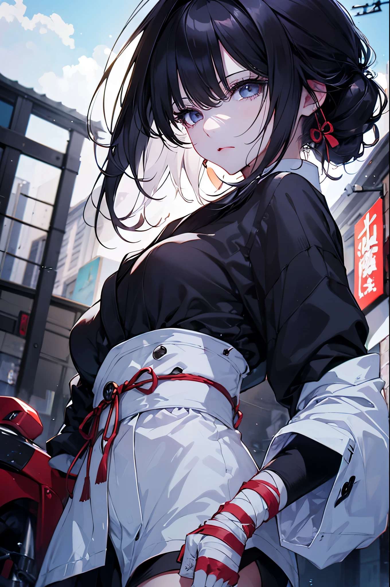 (Highest quality、High resolution、8k、mysterious、masterpiece:1.shitaka Amano-style depiction。The cruel and inhuman Yamada Asaemon。Edo Period。she、Edo Periodの首斬り、assassination、Executioner。A long Japanese sword on his waist。A uniform with black belts all over the body。The gleam in his eyes is gone、Hollow。Dark circles under the eyes。Eye patch。ただし誰が見てもshe剣の達人だと感じ、He has unquestionable spirit.。With gray hair、Ragged hair。Of course there is the appeal of being a woman。Overwhelming strength and charm。Bloody bandages on his wrists and ankles、Samurai clothing。Samurai。With a cold-hearted look that looks down on people、A crowd of commoners々And pass by。Person kneeling on the ground々。Edo Periodの風景。Bold Pose、Seems like a bad personality。
