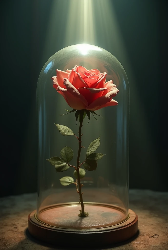 Withered rose under bell jar with a ray of light