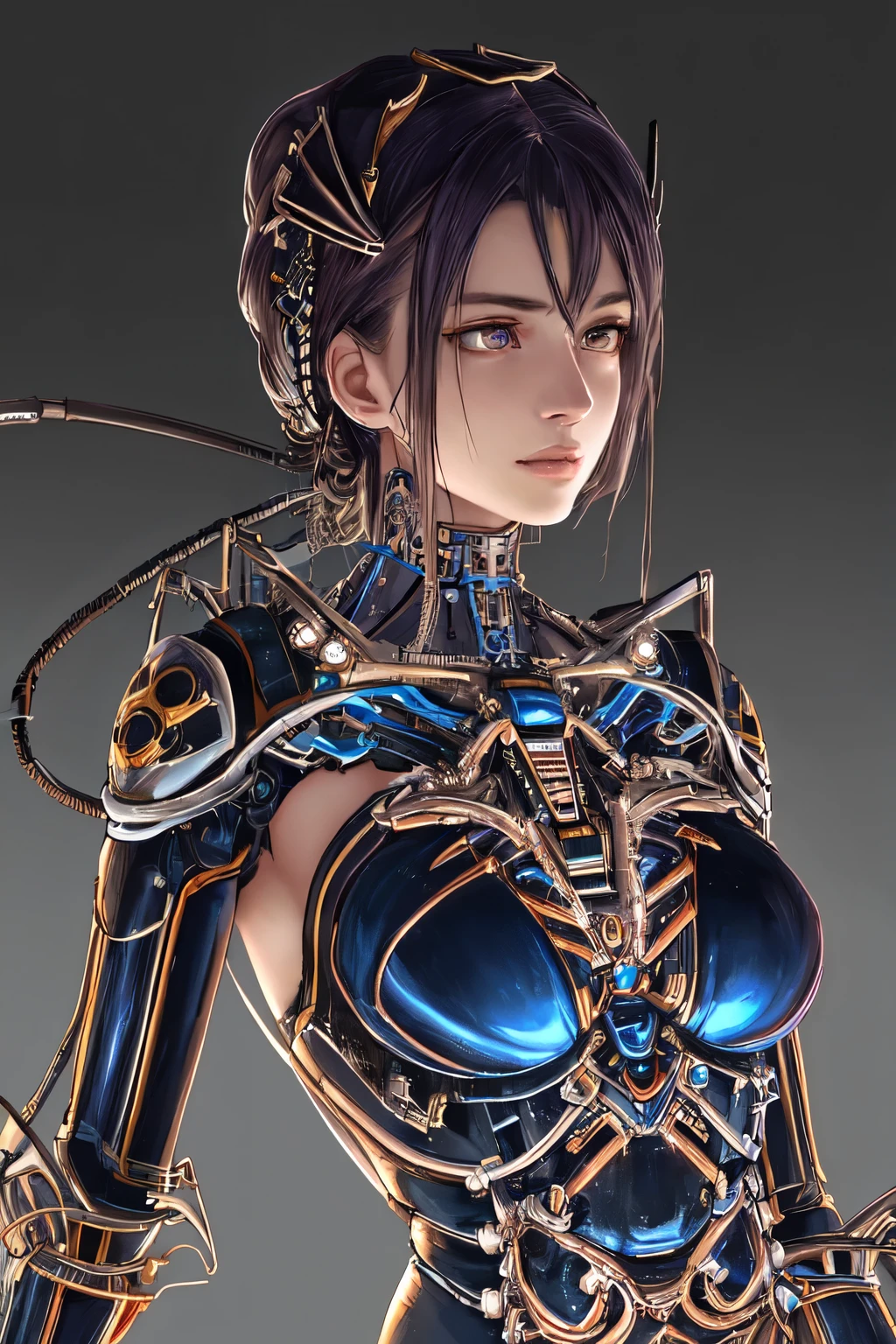 1 mechanical girl,((Ultra Realistic Details)), Portrait, world class illumination, shadow, Octane rendering, 8ก, extra sharp,metal,complicated, detailed jewelry, cool colors, Details of the Egyptians, highly complicated details, realistic light, Trending on CGSociety, glowing eyes, Camera facing, neon details, mechanical limbs,blood vessels connected to pipes,A mechanical spine is attached to the back.,The mechanical cervix is attached to the neck.,sit,Wires and cables connect to the head.