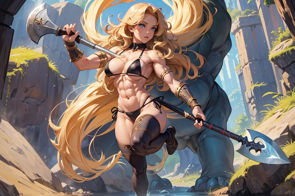 Full body portrait, (cave, Fighting monsters, Swinging an axe), (Perfect Anatomy), \(Amazoness, barbarian woman, Golden wavy hair, blue eyes, Perfect Eyes, 彼女の体型は非常にMuscularで豊満だ, Huge big breasts, Heavy chest, Abdominal musclesが割れている, Micro bikini with small cloth area, 大きなAbdominal muscles, Detailed skin texture, Super-detailed body: 1.1, Highly detailed skin: 1.2, Muscular, Muscular biceps, Abdominal muscles: 1.2, She&#39;s holding a big axe\), Artwork, 8k, CG , Cinematic, High resolution, masterpiece, Highest quality