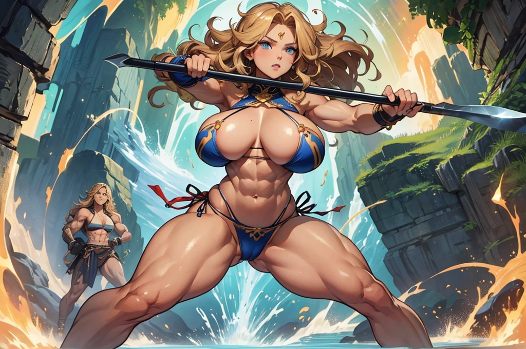 Full body portrait, (cave, Fighting monsters, Swinging an axe), (Perfect Anatomy), \(Amazoness, barbarian woman, Golden wavy hair, blue eyes, Perfect Eyes, 彼女の体型は非常にMuscularで豊満だ, Huge big breasts, Heavy chest, Abdominal musclesが割れている, Micro bikini with small cloth area, 大きなAbdominal muscles, Detailed skin texture, Super-detailed body: 1.1, Highly detailed skin: 1.2, Muscular, Muscular biceps, Abdominal muscles: 1.2, She&#39;s holding a big axe\), Artwork, 8k, CG , Cinematic, High resolution, masterpiece, Highest quality