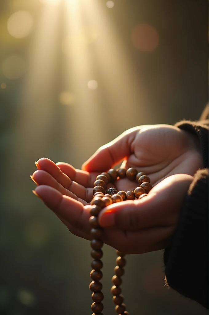 Hand Holding Tasbih (Prayer Beads):
"A close-up of a hand holding a tasbih (prayer beads) with a peaceful expression on the person’s face. The background is softly blurred, with light beams filtering through, creating a sense of divine presence. The focus is on the hand and the beads, symbolizing trust in Allah and a deep connection with faith."