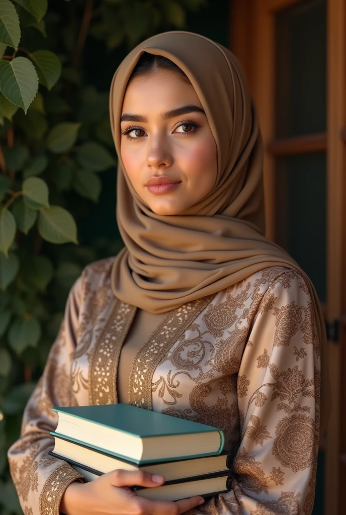 a beautiful hijab-wearing girl,satin hijab,detailed face,beautiful eyes,a hijab wearing teacher wearing a kebaya, holding a stack of books, detailed face and eyes, intricate patterns on kebaya, natural lighting, photorealistic, 8k, cinematic composition, warm color tones, masterpiece,full lips,elegant dress,(best quality,4k,8k,highres,masterpiece:1.2),ultra-detailed,(realistic,photorealistic,photo-realistic:1.37),high quality portrait,intricate details,elegant lighting,soft colors,warm tones