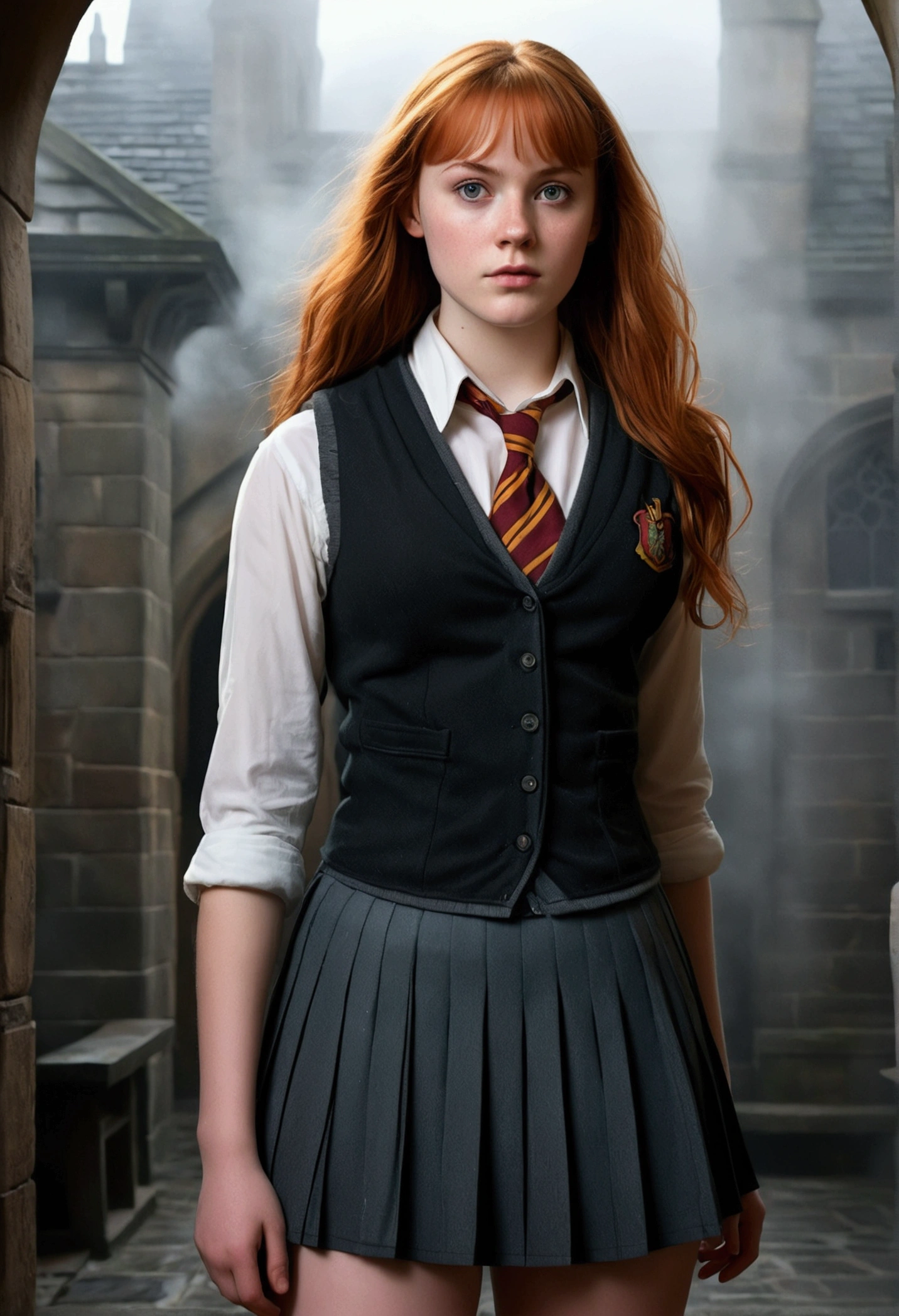 An illustrated movie poster, hand-drawn, full color, a teenage Hogwarts student, 18-years-old, female, wearing a charcoal vest and a pleated skirt, athletic hourglass figure, busty bosoms, full wide hips, massive round butt, long shapely legs, ridiculously thick powerful thighs, vibrant eyes, deep dark auburn hair, thick shaggy bangs, flushed sun-kissed complexion, freckles, resembles Deborah Ann Woll, standing in a foggy Hogwarts courtyard, surrounded by mist, graphite shading, stencil marks, airbrushed acrylic paint, masterpiece, close-up shot, in the style of the Deathly Hallows