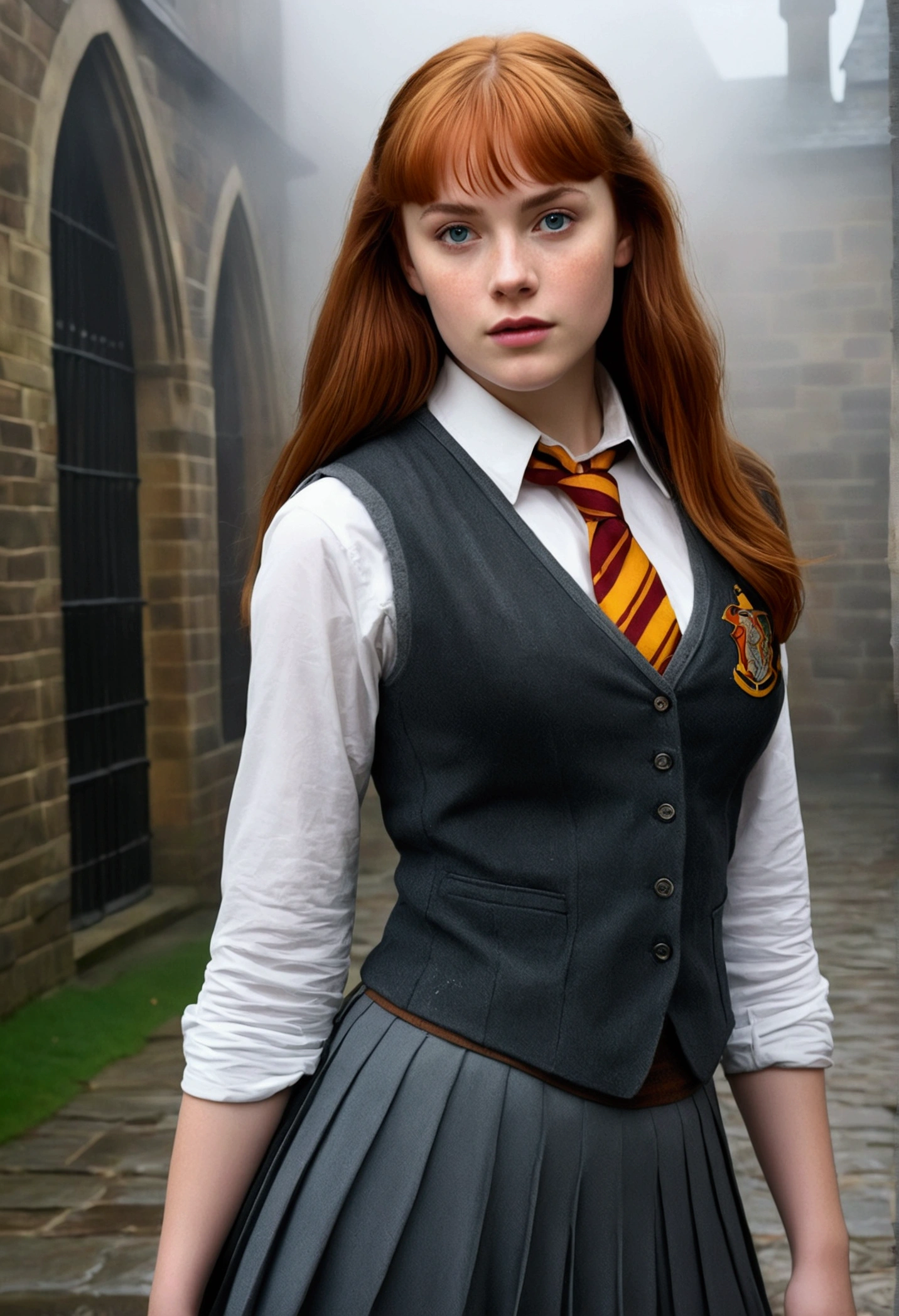 An illustrated movie poster, hand-drawn, full color, a teenage Hogwarts student, 18-years-old, female, wearing a charcoal vest and a pleated skirt, athletic hourglass figure, busty bosoms, full wide hips, massive round butt, long shapely legs, ridiculously thick powerful thighs, vibrant eyes, deep dark auburn hair, thick shaggy bangs, flushed sun-kissed complexion, freckles, resembles Deborah Ann Woll, standing in a foggy Hogwarts courtyard, surrounded by mist, graphite shading, stencil marks, airbrushed acrylic paint, masterpiece, close-up shot, in the style of the Deathly Hallows