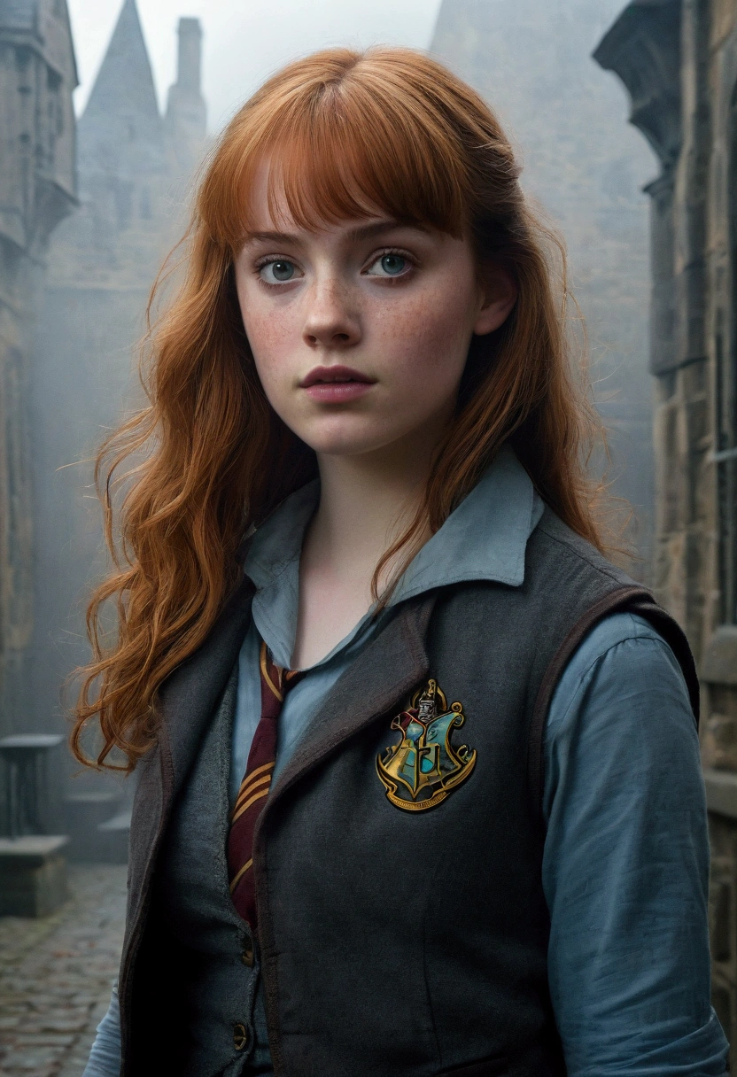 An illustrated movie poster, hand-drawn, full color, a teenage Hogwarts student, 18-years-old, female, wearing a charcoal vest and a pleated skirt, athletic hourglass figure, busty bosoms, full wide hips, massive round butt, long shapely legs, ridiculously thick powerful thighs, vibrant eyes, deep dark auburn hair, thick shaggy bangs, flushed sun-kissed complexion, freckles, resembles Deborah Ann Woll, standing in a foggy Hogwarts courtyard, surrounded by mist, graphite shading, stencil marks, airbrushed acrylic paint, masterpiece, close-up shot, in the style of the Deathly Hallows
