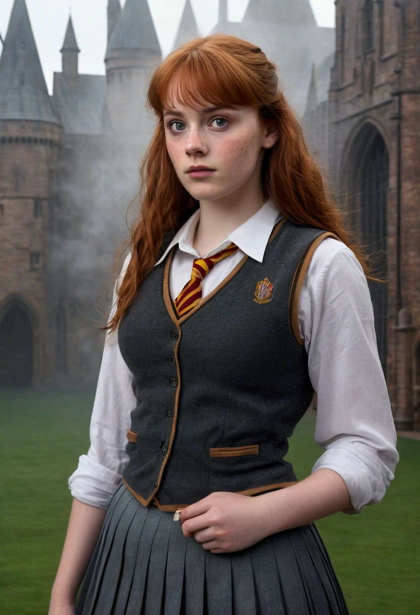 An illustrated movie poster, hand-drawn, full color, a teenage Hogwarts student, 18-years-old, female, wearing a charcoal vest and a pleated skirt, athletic hourglass figure, busty bosoms, full wide hips, massive round butt, long shapely legs, ridiculously thick powerful thighs, vibrant eyes, deep dark auburn hair, thick shaggy bangs, flushed sun-kissed complexion, freckles, resembles Deborah Ann Woll, standing in a foggy Hogwarts courtyard, surrounded by mist, graphite shading, stencil marks, airbrushed acrylic paint, masterpiece, close-up shot, in the style of the Deathly Hallows
