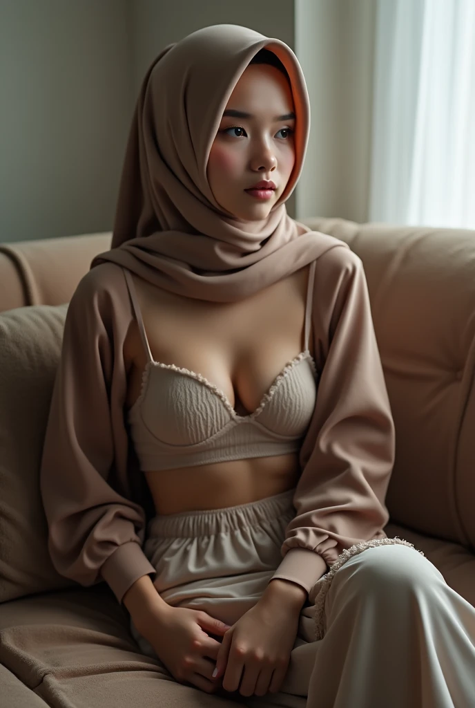 girl Indonesia wear hijab seat on sofa wear g string