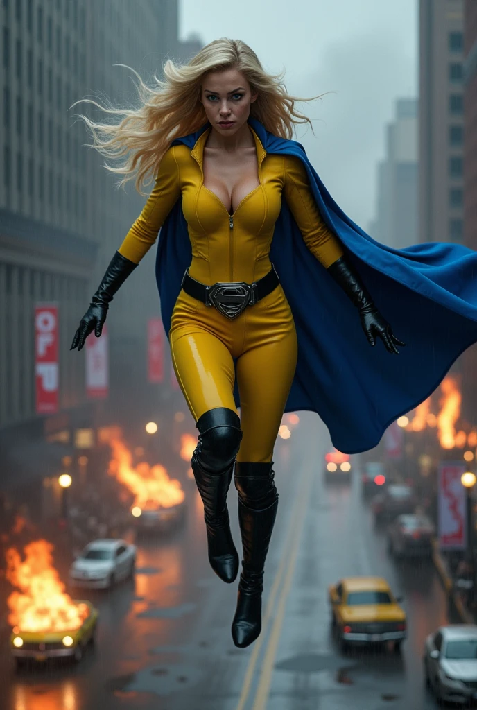 A beautiful woman with long blonde hair wearing a yellow leather jumpsuit yellow corset over her jumpsuit blue cape black boots and gloves long boots up to her knees on a wide black gym belt wearing a black S on her badge as an emblem in a dark apocalyptic rainy city cars and buildings on fire magic in her hands flying over the city screaming exhausted after an extensive battle magic in her hands blue cape (((a black S as the Logo or emblem of Marvel's Sentry the sentry on the plate of his belt this belt is big and wide))),(((Large Plate))),(((Marvel Studios Logo