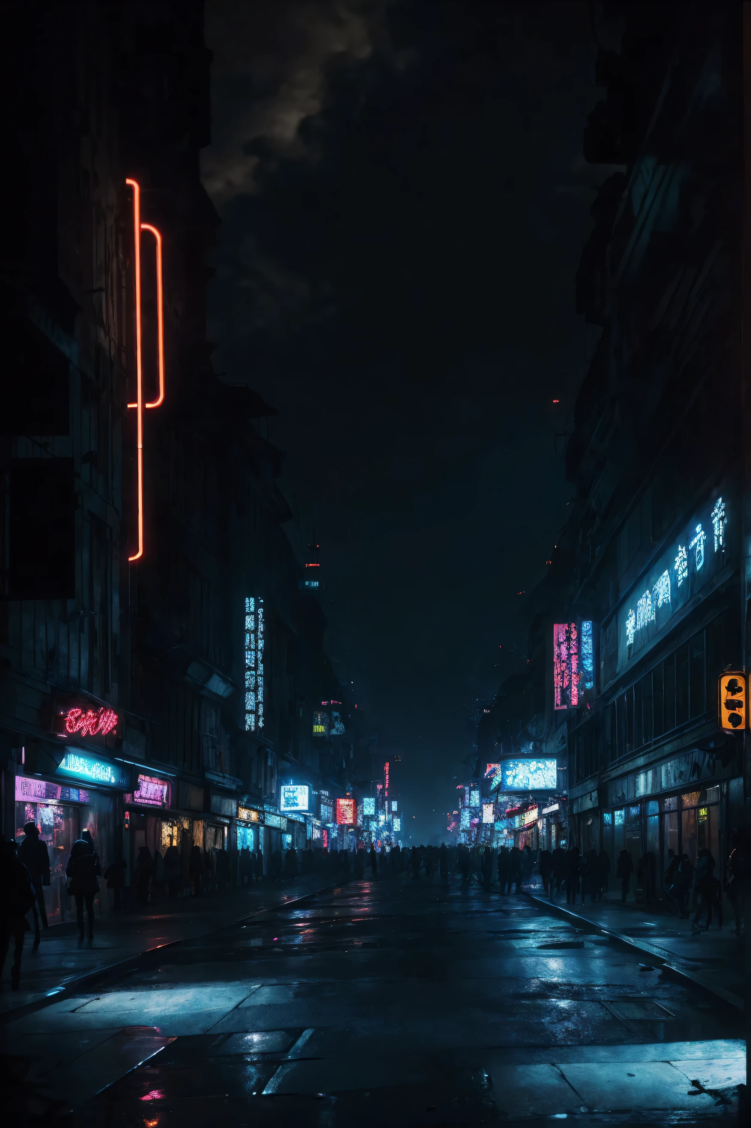 dystopian future,futuristic city in decay,people everywhere,merchants,cyborgs of the underworld,neon advertising,posters everywhere,violence and aggression,(best quality:1.2,ultra-detailed,realistic:1.37),gritty street scenes,metallic structures,smoke-filled alleyways,cyberpunk aesthetics,abandoned buildings,crowded marketplaces,hovering vehicles,brightly lit signs,gloomy atmosphere,flickering lights,ominous shadows,electric blue color scheme,strong contrasts,harsh lighting,Pedestrians coming and going on the street,The faces in the skyscrapers are pale and hopeless,The shop is empty,Vendors selling goods on the black market,Robots in the underground world are everywhere,Neon signs are everywhere,Posters posted everywhere are filled with violence and aggression,Crowds of people rushing around,Smoky alleys,Full of cyberpunk aesthetics,Abandoned building sparsely populated,There is no end to trading in the crowded market,Suspension vehicles sp by,Bright signs illuminate the street lights,Spooky atmosphere,flashing lights,ominous shadow,Electric blue color scheme,strong contrast,Harsh light