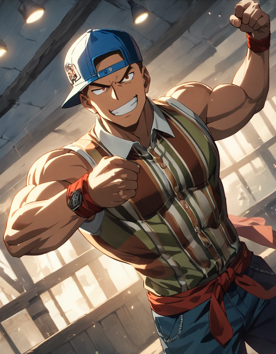 1man, naughty heroic guy in fighting game, great muscular, crewcut, solid thug, gallant yankee, blond hair, brown eyes, BREAK sharp eyes, thick abs, sanpaku, abs, BREAK backwards hat, blue cap, open shirt, cropped shirt, red collared shirt, sleeveless shirt, brown plaid shirt, jeans, red wristbands, BREAK >:>, smug, cool emotion, toned body, BREAK solo, upperlegs, dynamic expression, game keyvisual, 1990s, in capcom art style, in nitroplus style, BREAK depth of field, dutch angle, cinematic shadows, cinematic lighting, lens flare, light leaks, texture, absurdres absolutely resolution, extreme all detailed, greatest painting, BREAK masterpiece, best quality, BREAK score_9, score_8_up, score_7_up, source_anime, rating_safe, score_6_up, score_5_up, score_4_up