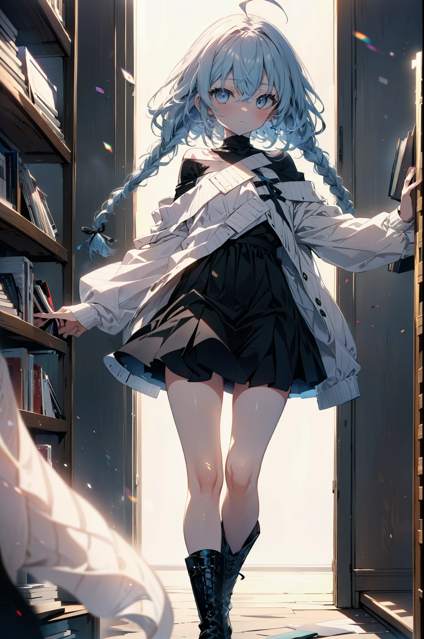 Roxymigurdia, Roxy, Ahoge, Black Ribbon, blue eyes, Blue Hair, Braiding, Hair between the eyes, Hair Ribbon, Long Hair, twin Braidings, very Long Hair, Blue one-shoulder sweater,mini skirt,black tights,short boots,Book with both arms　Holding a spell book,Grimoire,Are standing,Bookshelf,There is a spellbook on the table,whole bodyがイラストに入る,
break looking at viewer,whole body,
break indoors,figure書館,
break (masterpiece:1.2), Highest quality, High resolution, unity 8k wallpaper, (figure:0.8), (Beautiful attention to detail:1.6), Highly detailed face, Perfect lighting, Highly detailed CG, (Perfect hands, Perfect Anatomy),