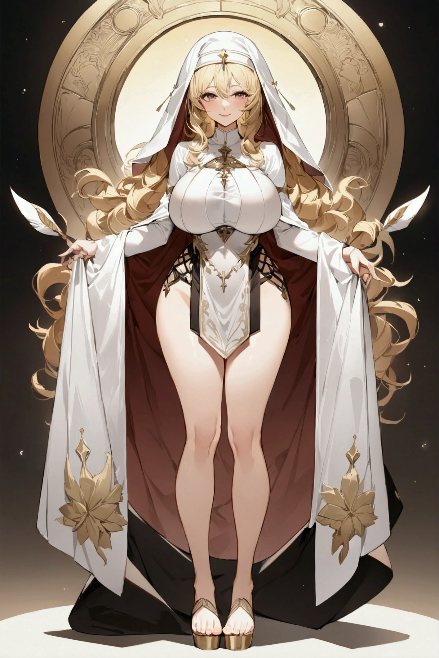 (masterpiece、Highest quality、Ultra-high resolution、Super detailed:1.3)、cute1人、Character portrait、Russian、Big Breasts、Sister、Blonde、Nuns、Breast milk、Girl、smile、、Anime Style、cute、Full body view、No background、Thighs、Toes、Beautiful attention to detail、Put shoes on your feet