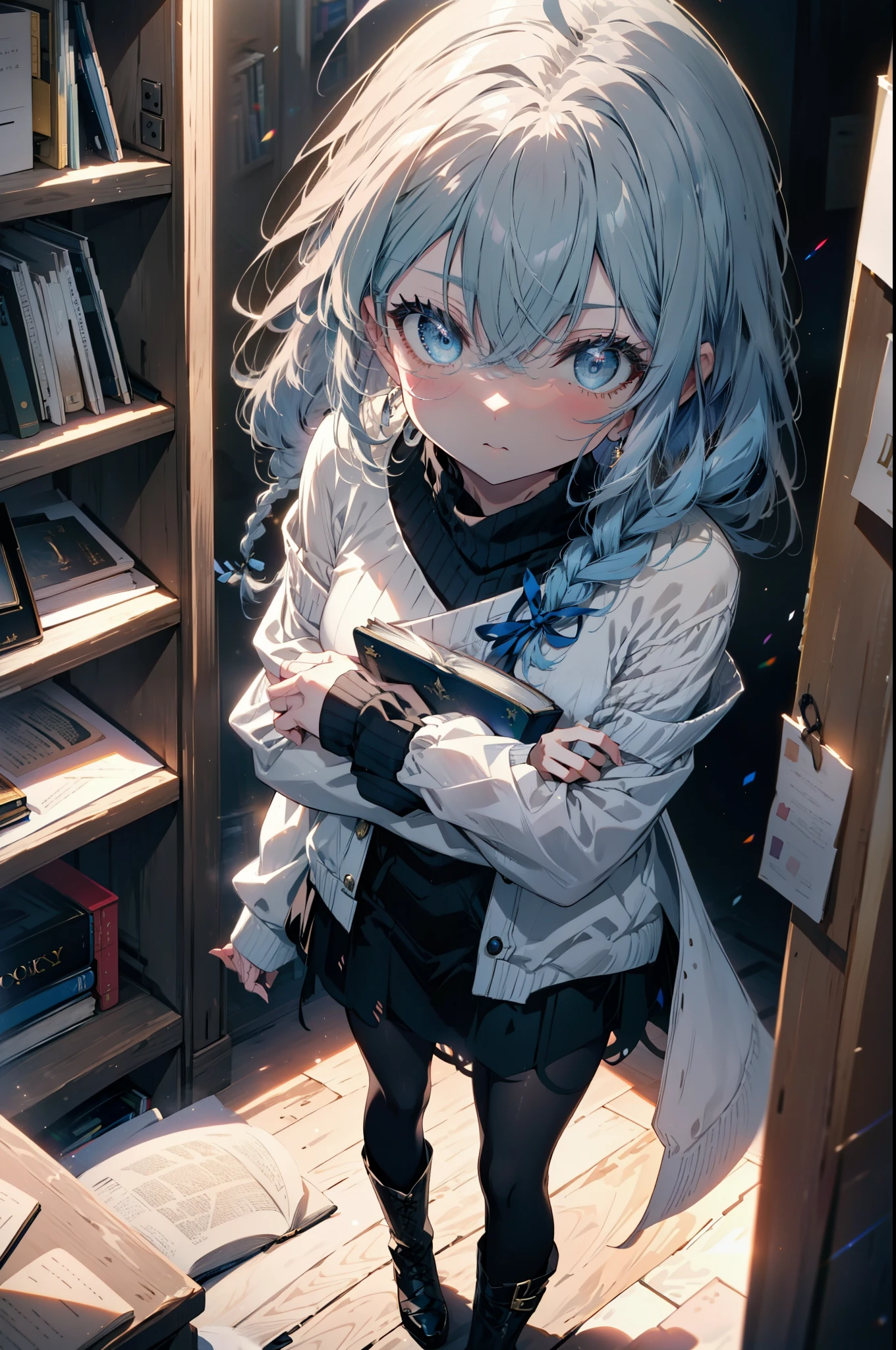 Roxymigurdia, Roxy, Ahoge, Black Ribbon, blue eyes, Blue Hair, Braiding, Hair between the eyes, Hair Ribbon, Long Hair, twin Braidings, very Long Hair, Blue one-shoulder sweater,mini skirt,black tights,short boots,Book with both arms　Holding a spell book,Grimoire,Are standing,Bookshelf,There is a spellbook on the table,whole bodyがイラストに入る,
break looking at viewer,whole body,
break indoors,figure書館,
break (masterpiece:1.2), Highest quality, High resolution, unity 8k wallpaper, (figure:0.8), (Beautiful attention to detail:1.6), Highly detailed face, Perfect lighting, Highly detailed CG, (Perfect hands, Perfect Anatomy),