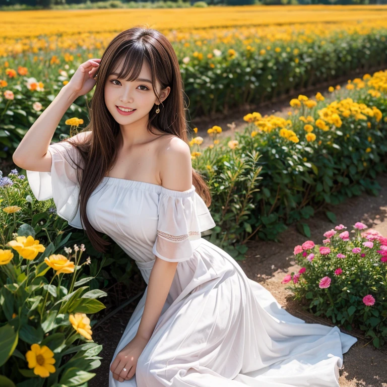 long skirt,in the flower field,Wear a dress,rotate,1 female, On the face, laughing out loud, light brown hair, blunt bangs, hair behind ears, Shoulder-length hair, long hair, Slender body type, 超face slimming型, face slimming, delicate lips, beautiful eyes, Thin blush, Eyes are light brown,View here, (actual:1.3), One person's perspective, 8k, Super detailed, high quality, best quality, High resolution, ,Large Breasts,wear a H cup, 2,Off-shoulder tops,puffy skirt