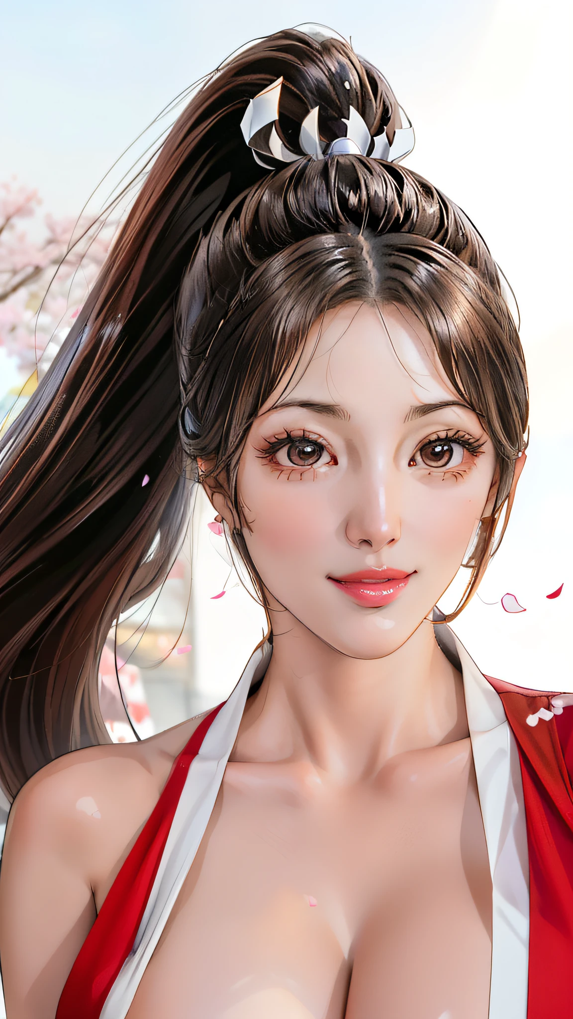 Japanese Beauty,Cherry Blossoms,Petals are just beginning to fall, In a park rich in nature、plant, (((sexly姿势的杰作))), ((best quality)), ((complicated)), ((Surrealism)), Mature woman, Mature woman, , Very detailed, shape, mai Shiranui, ((Huge breasts)), Perfect hands, finger details, beautiful eyes, ponytail,Brown eyes, (mai Shiranui suits:1.2), earrings, Long detailed background, Perfect eyes, Charming eyes, Looking at the audience, Rosy cheeks,sexly,Cleavage,cute,Smile,beauty,Breast close-up,beauty breasts,Osaka Castle,Japanese Shrines,Lots of hair,Exquisite facial features,charming