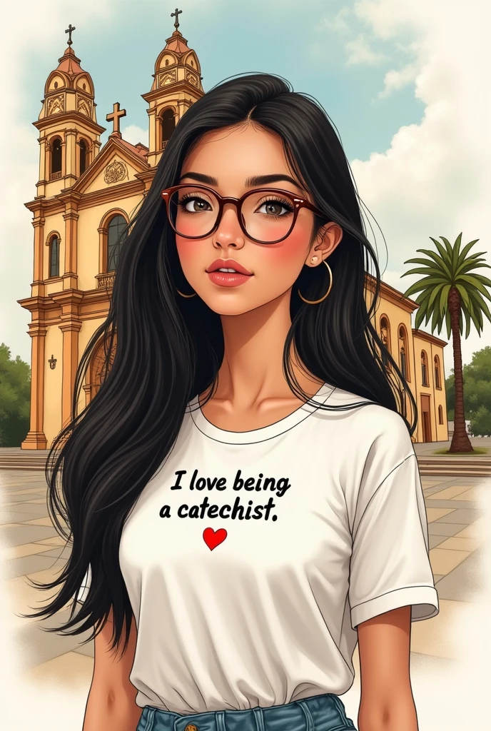 Brunette woman with very long straight black hair, with pointed brown glasses, con camisa blanca que diga en el pecho amo ser catequista en español y un ❤️ y que tenga una cruz en el pecho pequeña. In illustrated form of a church in the background
