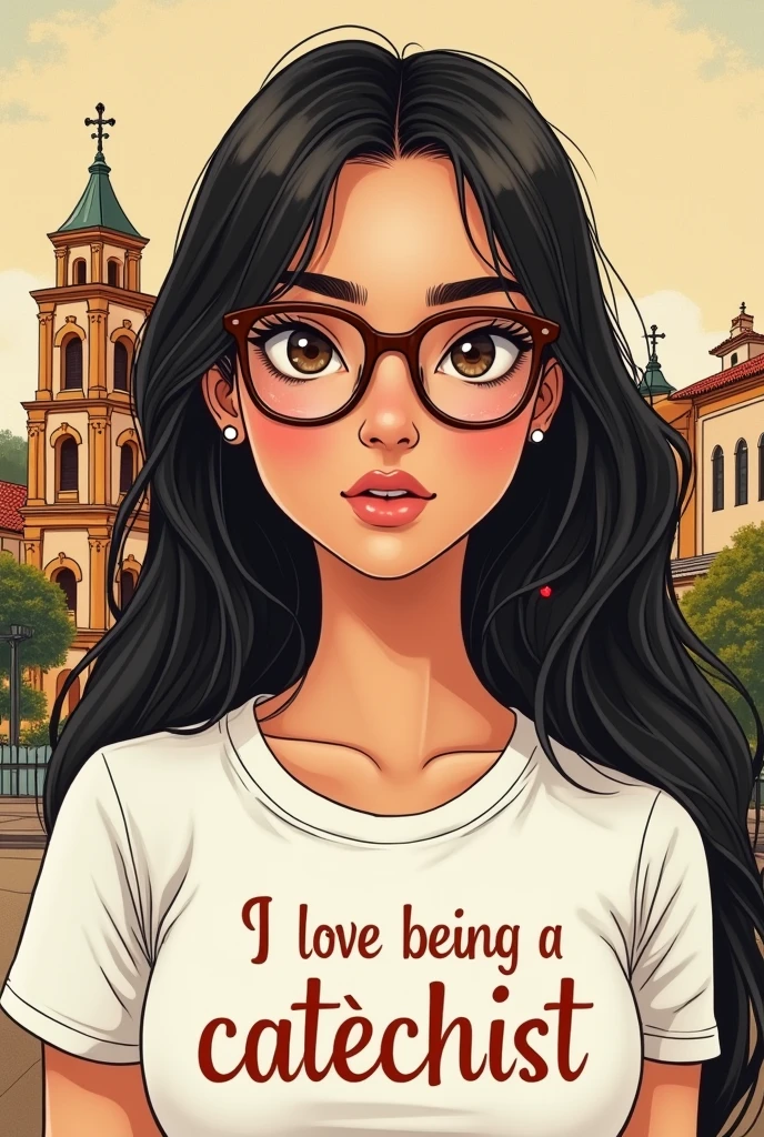 Brunette woman with very long straight black hair, with pointed brown glasses, con camisa blanca que diga en el pecho amo ser catequista en español y un ❤️ y que tenga una cruz en el pecho pequeña. In illustrated form of a church in the background 