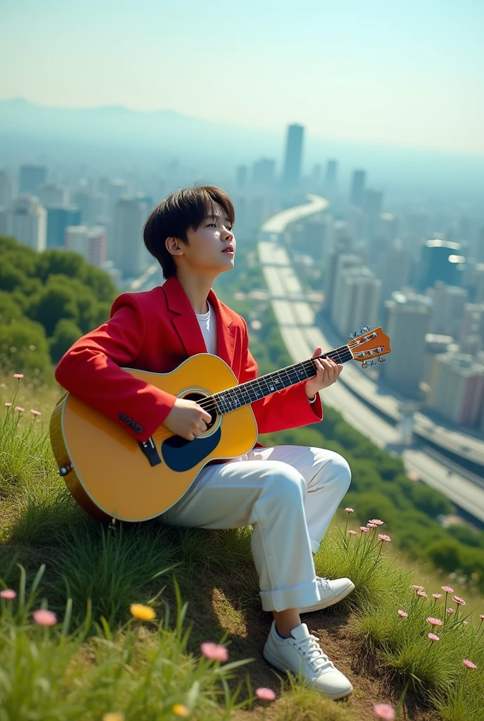 A 21 old(white facial) man singing a pop song playing guitar, seating on heights place looking under the city, green hill, highway from height ppace , the small flowers around the boy, (boy upper were color is red and bottom were is white),( highly detailed),(vivid) realistic image 4k HDR