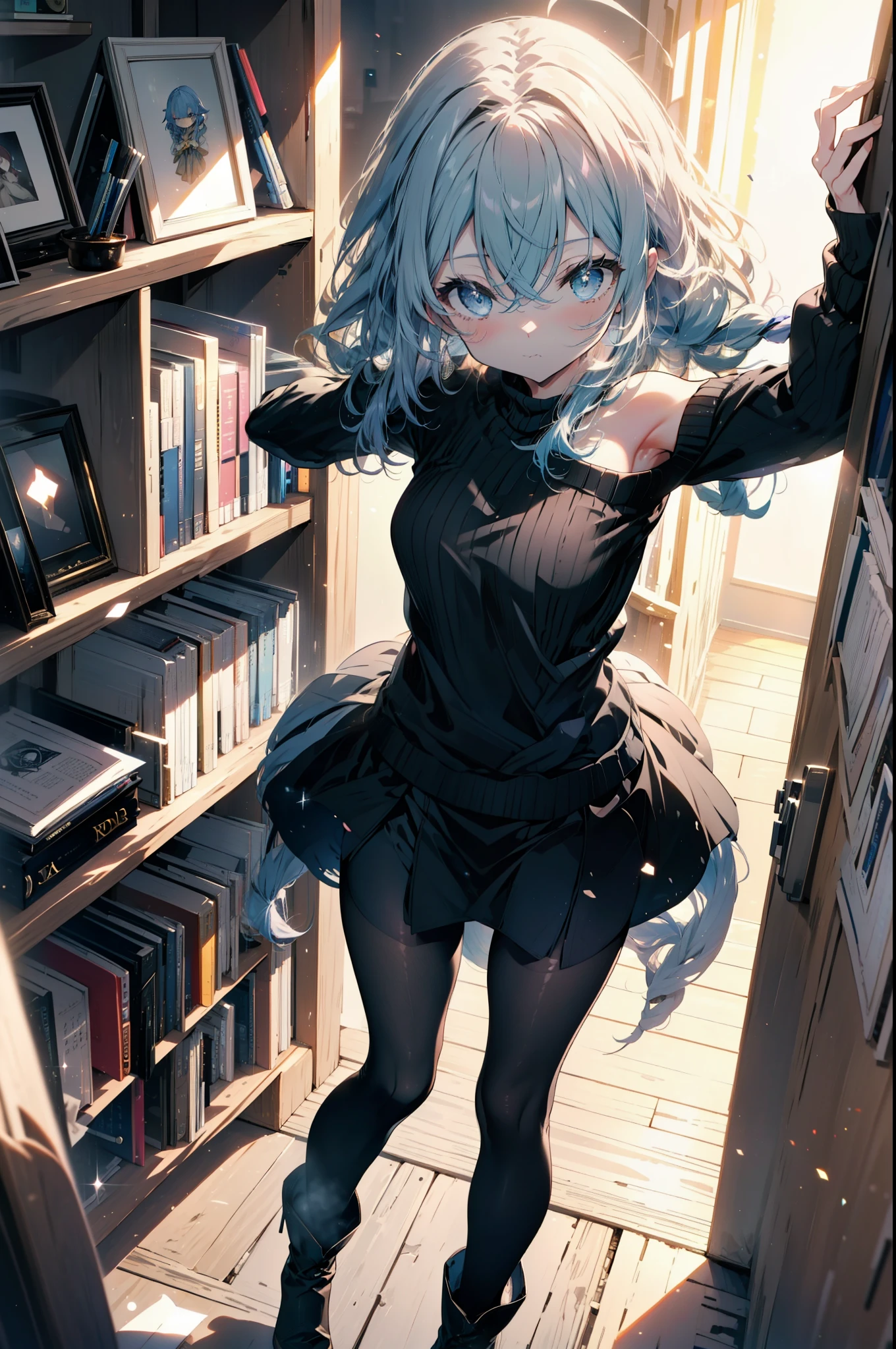 Roxymigurdia, Roxy, Ahoge, Black Ribbon, blue eyes, Blue Hair, Braiding, Hair between the eyes, Hair Ribbon, Long Hair, twin Braidings, very Long Hair, Blue one-shoulder sweater,mini skirt,black tights,short boots,Book with both arms　Holding a spell book,Grimoire,Are standing,Bookshelf,There is a spellbook on the table,whole bodyがイラストに入る,
break looking at viewer,whole body,
break indoors,figure書館,
break (masterpiece:1.2), Highest quality, High resolution, unity 8k wallpaper, (figure:0.8), (Beautiful attention to detail:1.6), Highly detailed face, Perfect lighting, Highly detailed CG, (Perfect hands, Perfect Anatomy),