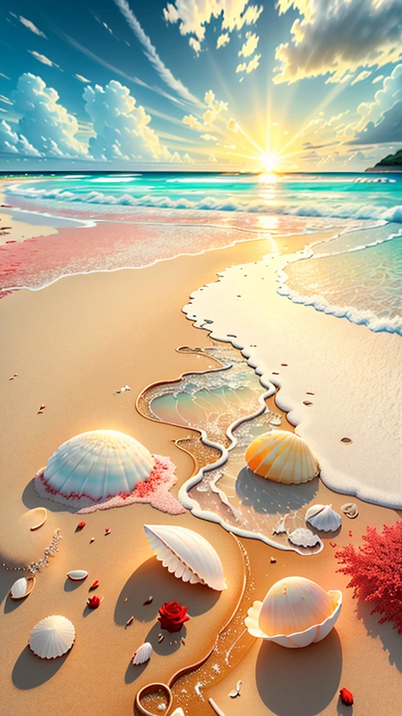 Exquisite scenes,Depth of Field, 8K, The ivory sky,White Cloud,Sunlight shining on the white sand beach. The coral sea,There are also many colorful tin shells on the beach,Red rose, roses focus,