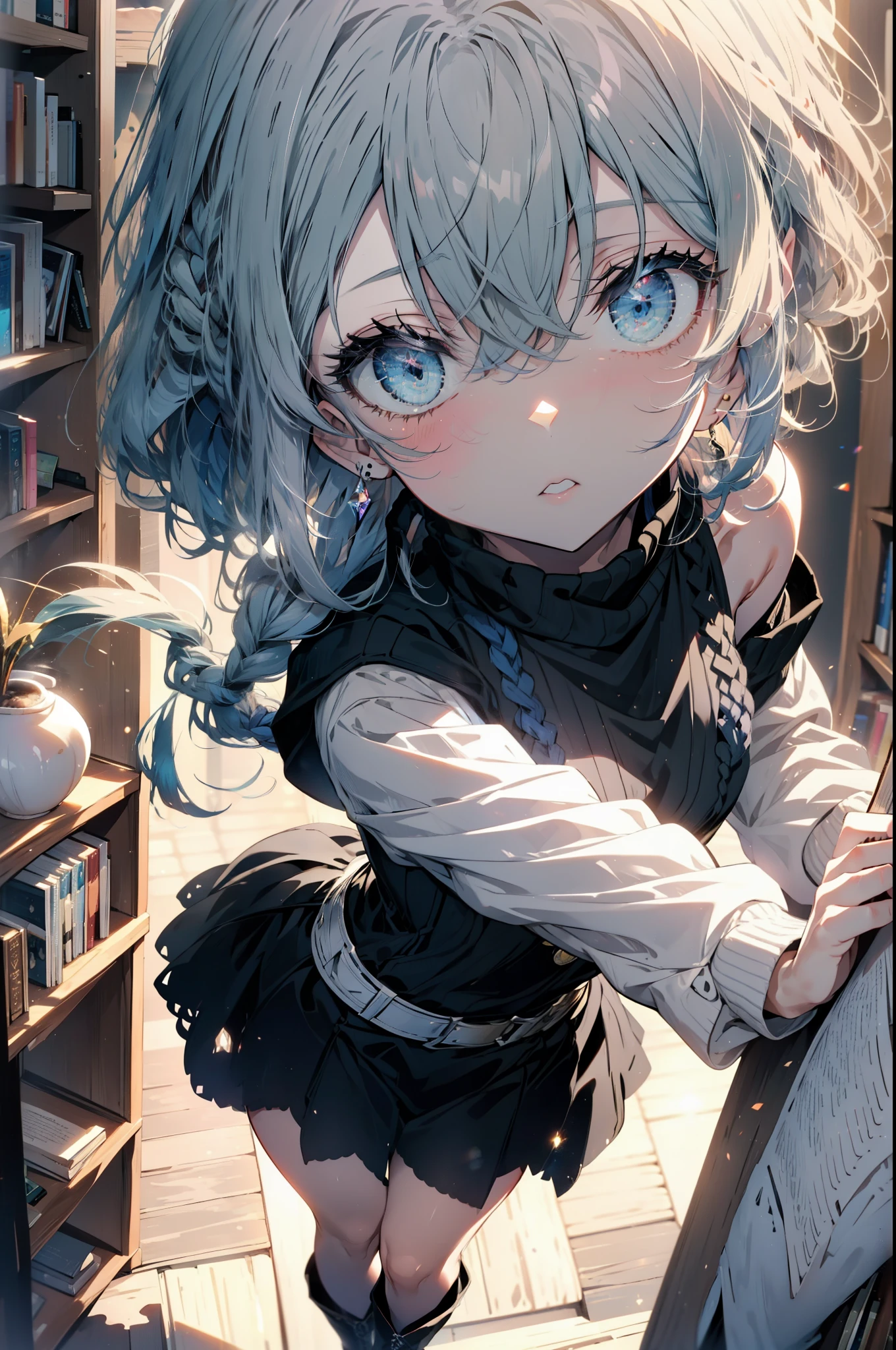 Roxymigurdia, Roxy, Ahoge, Black Ribbon, blue eyes, Blue Hair, Braiding, Hair between the eyes, Hair Ribbon, Long Hair, twin Braidings, very Long Hair, Blue one-shoulder sweater,mini skirt,black tights,short boots,Book with both arms　Holding a spell book,Grimoire,Are standing,Bookshelf,There is a spellbook on the table,whole bodyがイラストに入る,
break looking at viewer,whole body,
break indoors,figure書館,
break (masterpiece:1.2), Highest quality, High resolution, unity 8k wallpaper, (figure:0.8), (Beautiful attention to detail:1.6), Highly detailed face, Perfect lighting, Highly detailed CG, (Perfect hands, Perfect Anatomy),