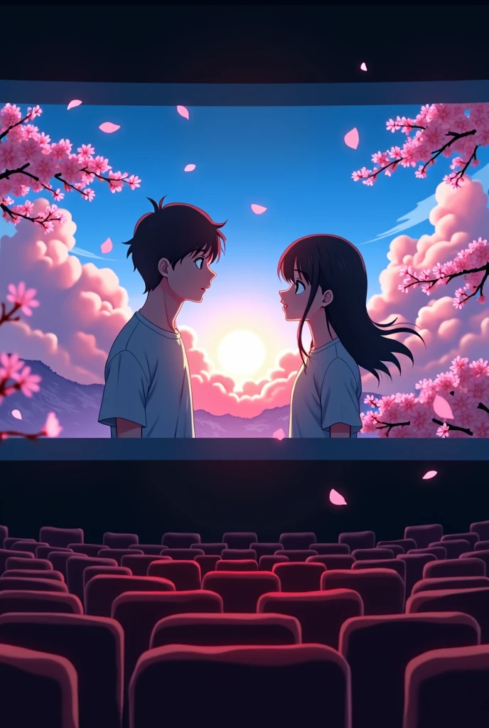 A touching scene from an anime displayed on a movie theater screen.