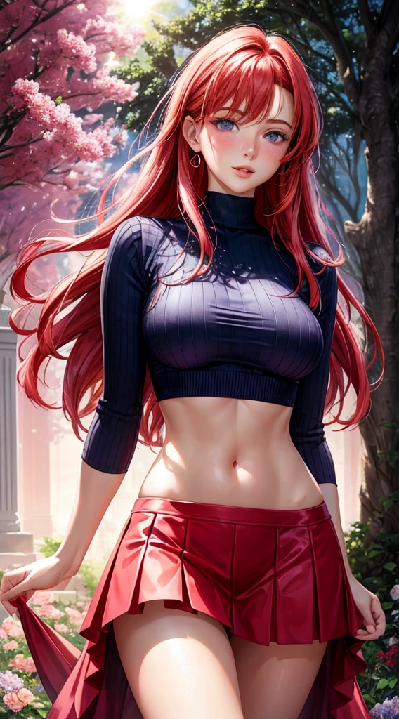 "Realistic depiction of a young woman with vibrant red hair and captivating purple eyes. Her eyes have a mesmerizing glow, and she is wearing a stylish crop top and skirt. She has parted lips and a subtle blush on her cheeks. The scene is set at night, with beautiful flowers in the foreground and the warm glow of the sun shining through the trees."