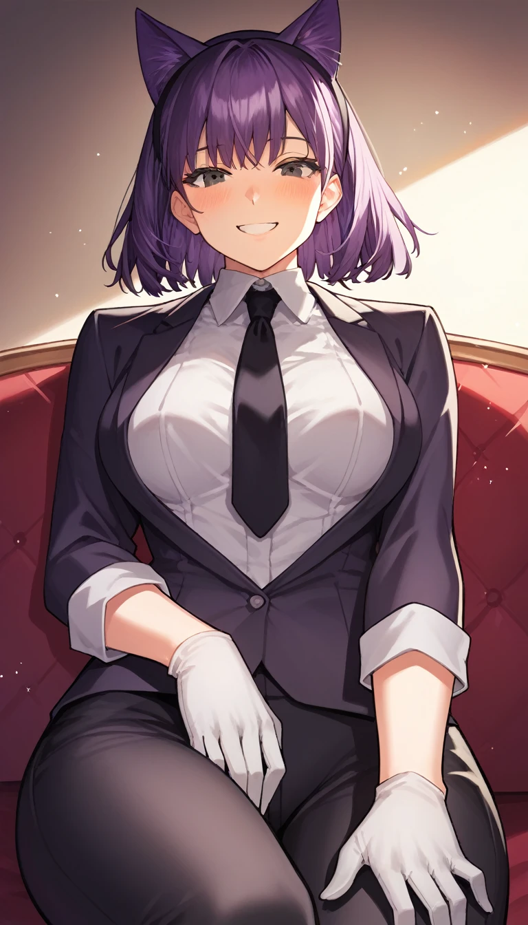 score_9, score_8_up, score_7_up, source_anime, best quality, amazing quality, very aesthetic, 1girl, black eyes, room, wariza, medium hair, Choppy Bob haircuts, dark purple hair, portrait, blazer, starshadowmagician, solo, Adult woman, best perfect anatomy, thin, curvy body, medium breasts, close up shot on person, a woman showing happy, smile, blush, super low angle from below, looking at viewer, (lying down, hand between her legs), mature woman laying prone on sofa, cat ear headband, white shirt, black tie, format black vest, Long-sleeved shirt, white format gloves, black trousers, dynamic angle. perfect dynamic composition, foreshortening, night days, volumetric lighting, dark hotel sitting room background,