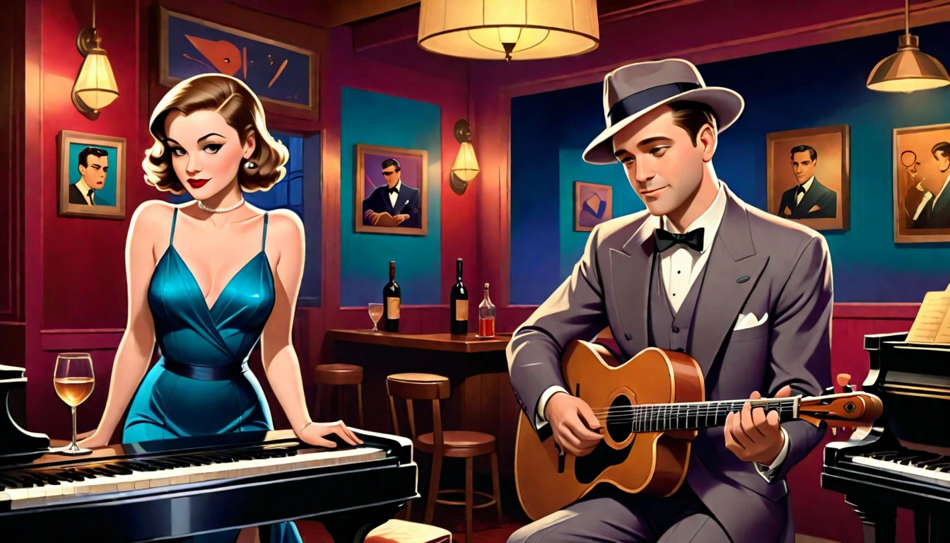 A man is playing the piano。A woman is playing the flute。, inspired by Art Frahm, film noir jazz bar, Speakeasy bar background, Then Martin, Then Martin artwork portrait, Background artwork, Inspired by Roy Dargano, Wayne England, stylized digital illustration, Kenton Nelson, Fan art, Official artwork, 1 9 3 0 S Jazz Club