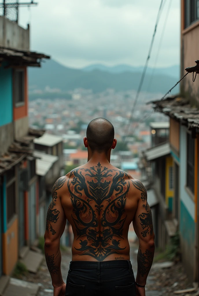 Photo of a man with his back turned and looking at the favela with a tattoo of a faction