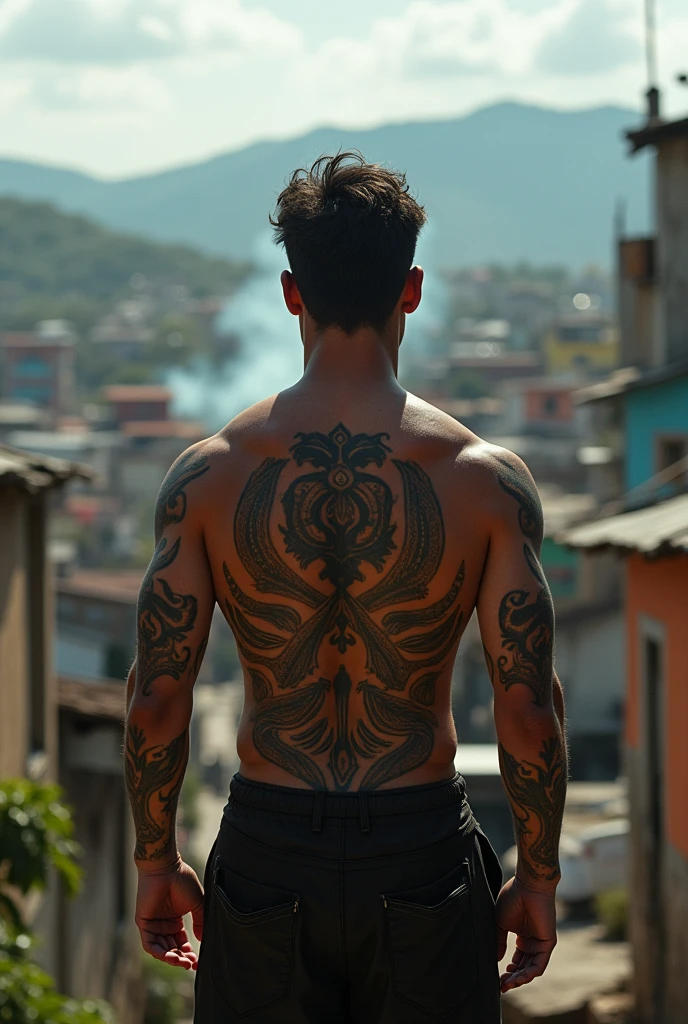 Photo of a man with his back turned and looking at the favela with a tattoo of a faction