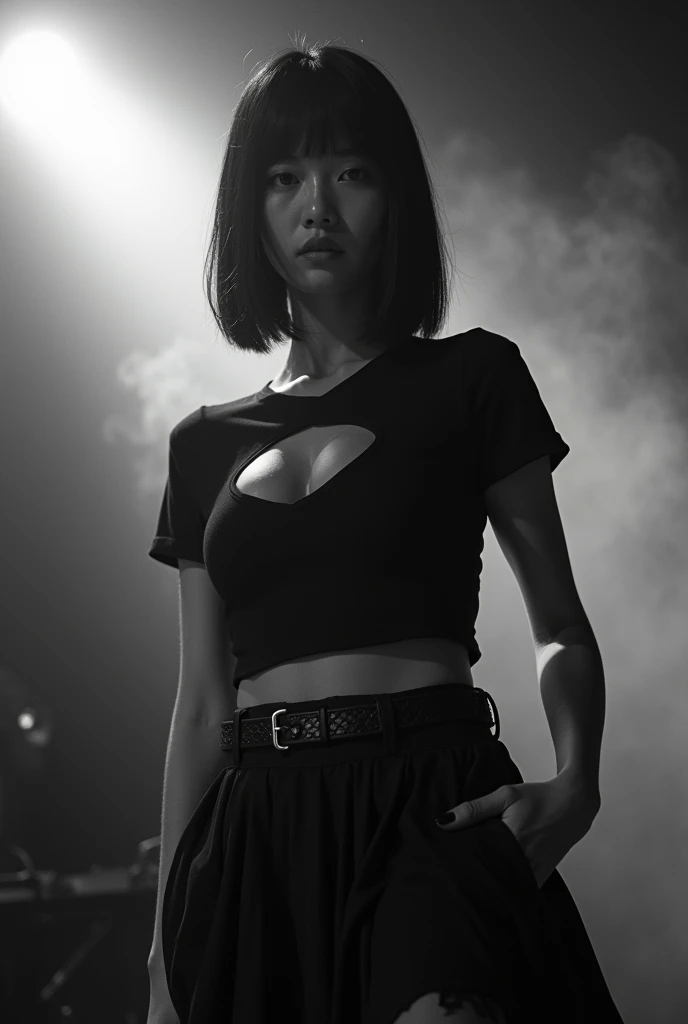 Black and white photography、Live footage、25 year old woman。Asian woman with short bob、Straight Hair、band、skirt、Beautiful Face、Punk Rock、Large Breasts、Satomi Ishihara、Black T-shirt、A cleavage so big you could squeeze your penis in it、Stage Lighting、smoke、mist、Alice Hirose、Solo artist、skirtめくり、Leaning forward to look at you、