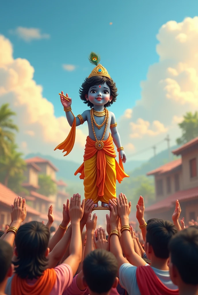 Realistic image of Lord krishna as a 10 year old boy in village, normal human face and normal human eyes, no animated eyes to be seen, people lifting him high using their hands while some are praying with their hands folded, create high quality realistic image, Landscape of bright village with people surrounding krishna, holding him using their hands on a raised platform, bight sky, vibrant colors, holding a flute in his hand, wearing a golden crown with a peacock feather in it, environment is background is of garden, image should ultra clear, hyper realistic, high quality 4k