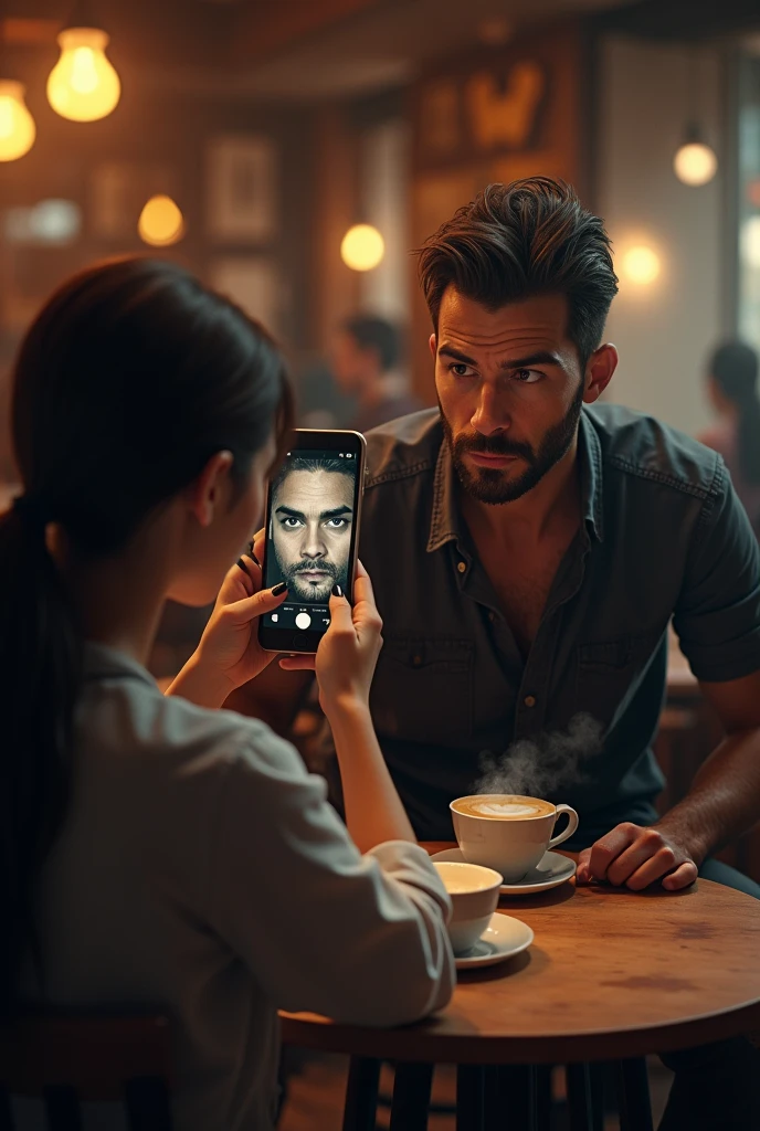 A girl trying to take a picture of bad boy who is looking at her with bad intentions.and the interface of mobile should be like it is scanning the face of that person taking picture of bad boy background should be like cafe
