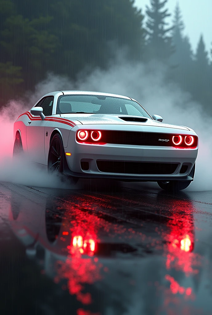 Dodge challenger white red colours  car in rainy black background smoke red headlights 
Speeding car
 shine road
