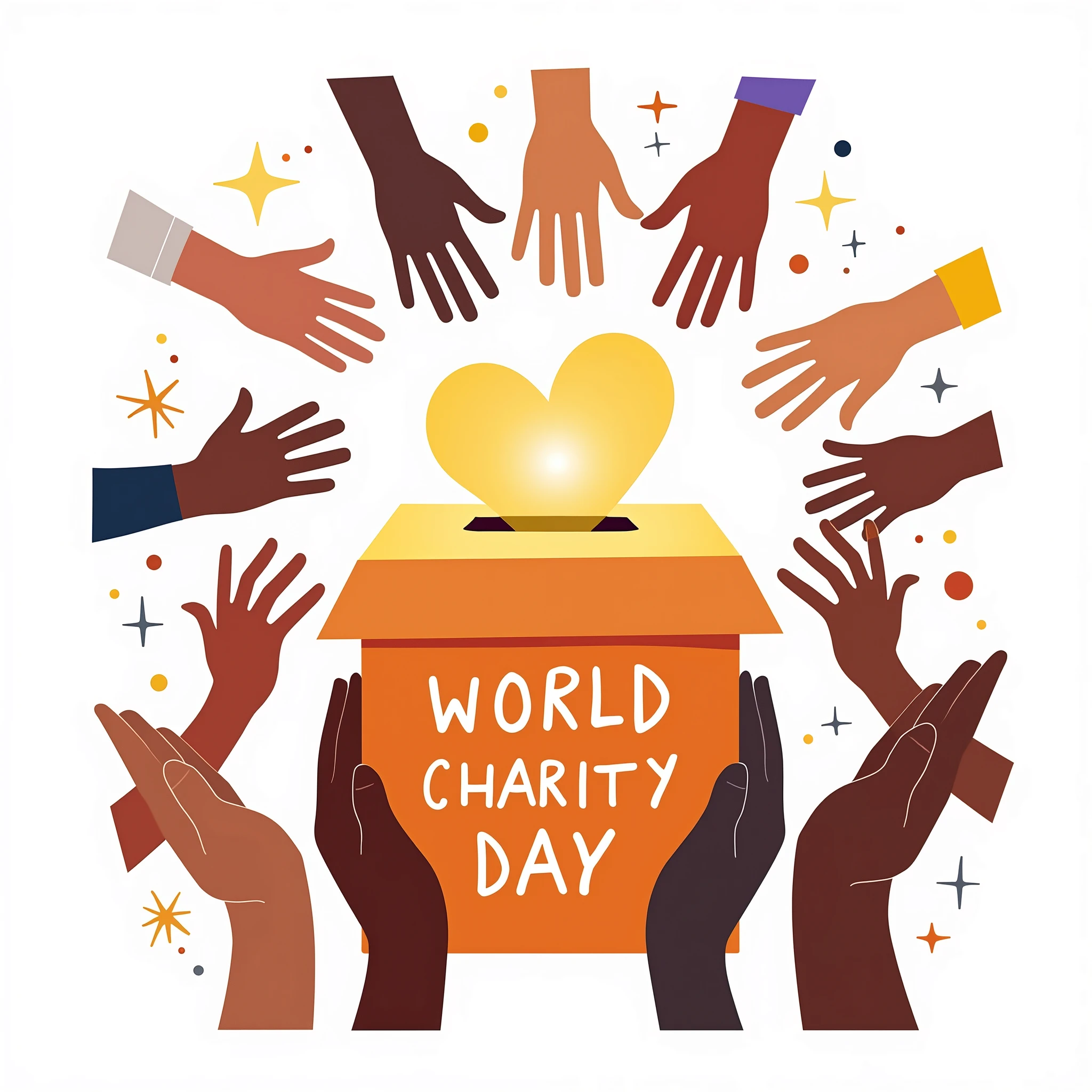 Group of hands, representing different generations and cultures, contributing money to a large donation box with a glowing sign that reads ‘World Charity Day.’ The hand-drawn illustration uses a modern color scheme with vibrant accents, and the white background enhances the focus on charity, community, and shared purpose