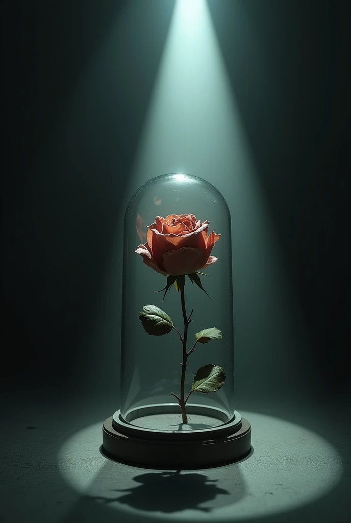 Rose décati sous cloche avec un rayon de lumière