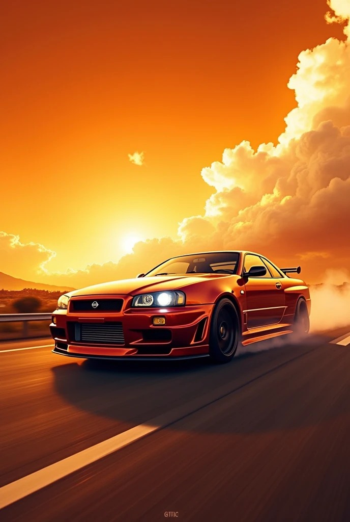 Paul Walker's skyline moving on the highway with orange sky and clouds 
