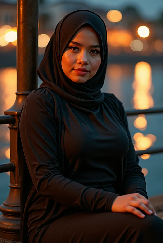 (photo realistic:1.4), (hyper realistic:1.4), (realistic:1.3), (smoother lighting:1.05), (increase cinematic lighting quality:0.9), 32K, 1girl, 30yearsold indonesian woman, LARGE BREAST, wear hijab, tight longsleeve t-shirt, silk culloutte, high heels, sitting leaning against the riverside fence, realistic lighting, backlighting, light on face, ray trace, (brightening light:1.2), (Increase quality:1.4), (best quality real texture skin:1.4), finely detailed eyes, finely detailed face, finely quality eyes, (sensual and seductive expression:0.0), (Increase body line mood:1.1), (Increase skin texture beauty:1.1)